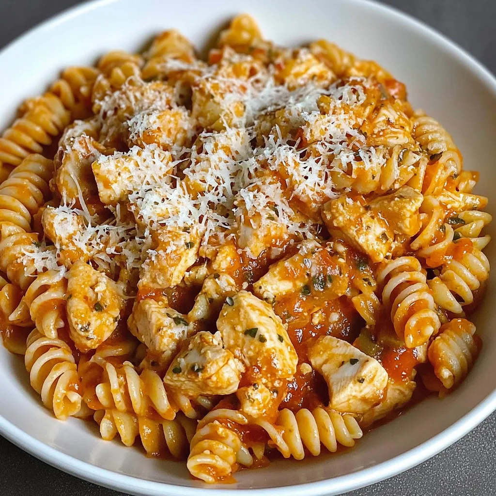 A bowl of pasta with chicken and cheese.