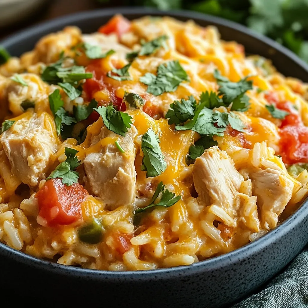 A bowl of rice with chicken and peppers in it.