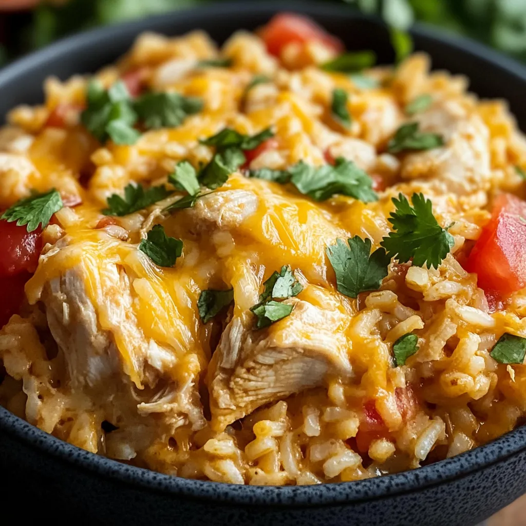 A bowl of rice with chicken and tomatoes.