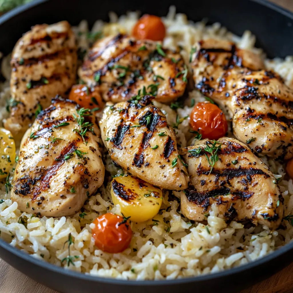 A plate of rice with chicken and tomatoes.