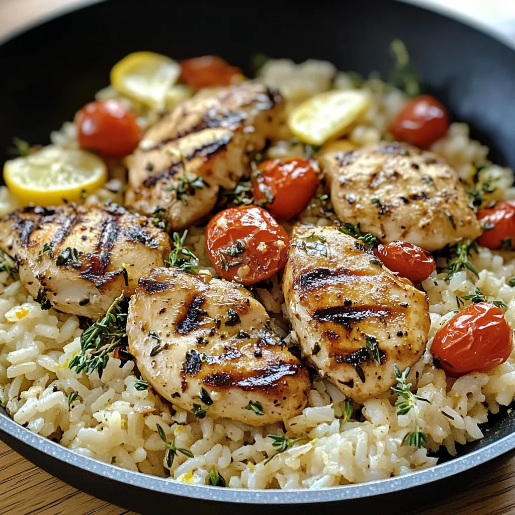 A plate of food with rice, tomatoes, and chicken.