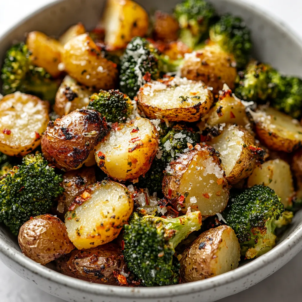 A bowl of vegetables, including broccoli, potatoes, and garlic, is placed on a table.