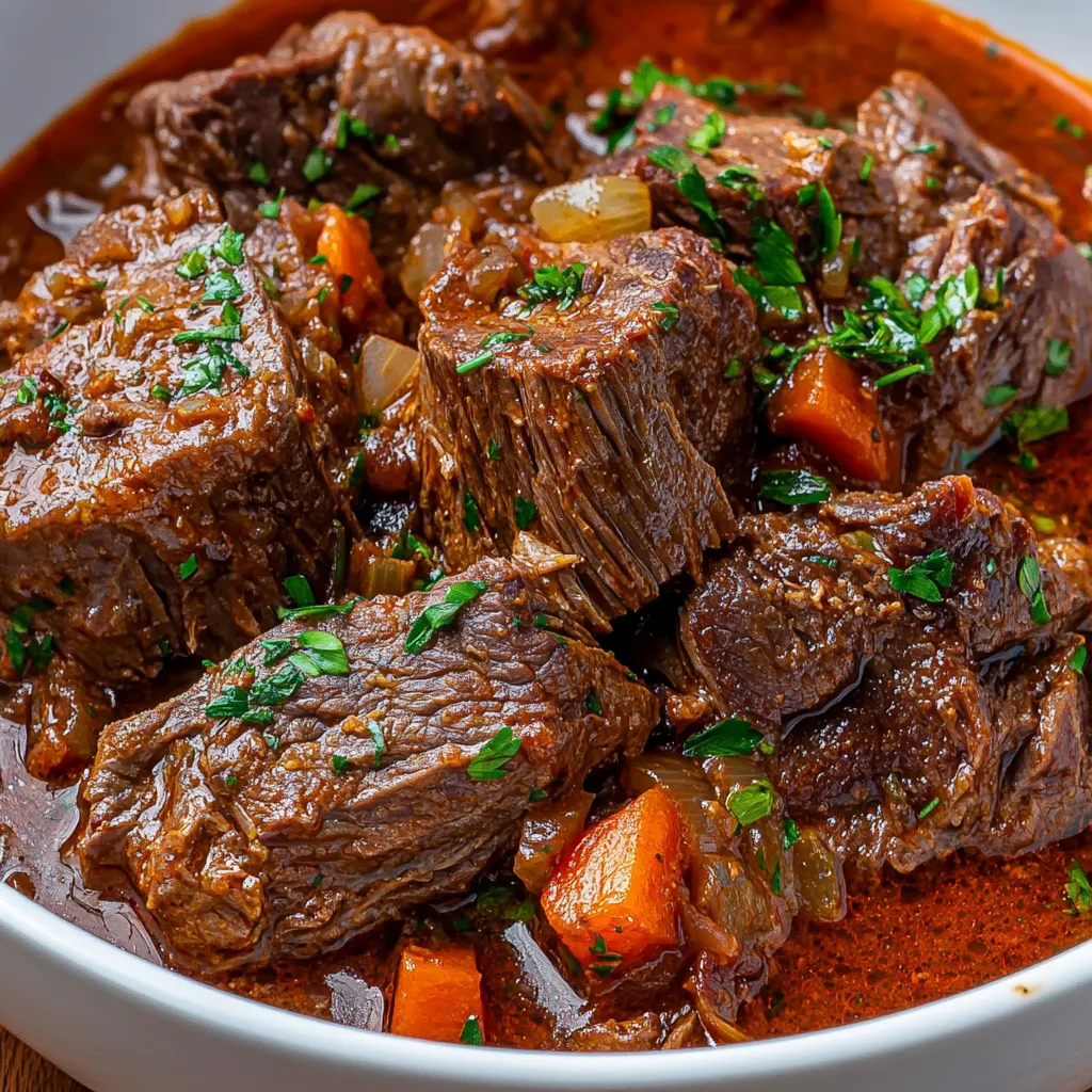 A bowl of beef stew with carrots and onions.