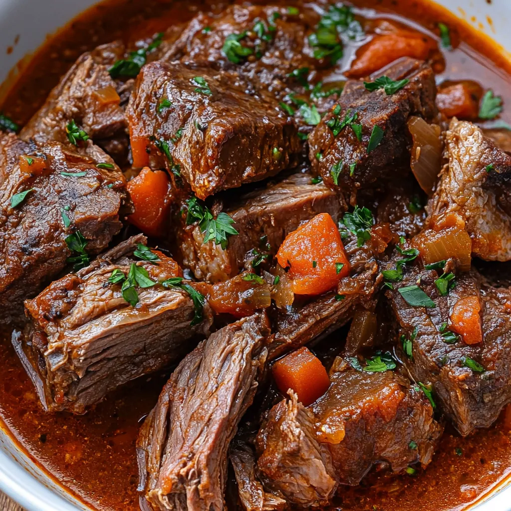 A bowl of beef stew with carrots and onions.
